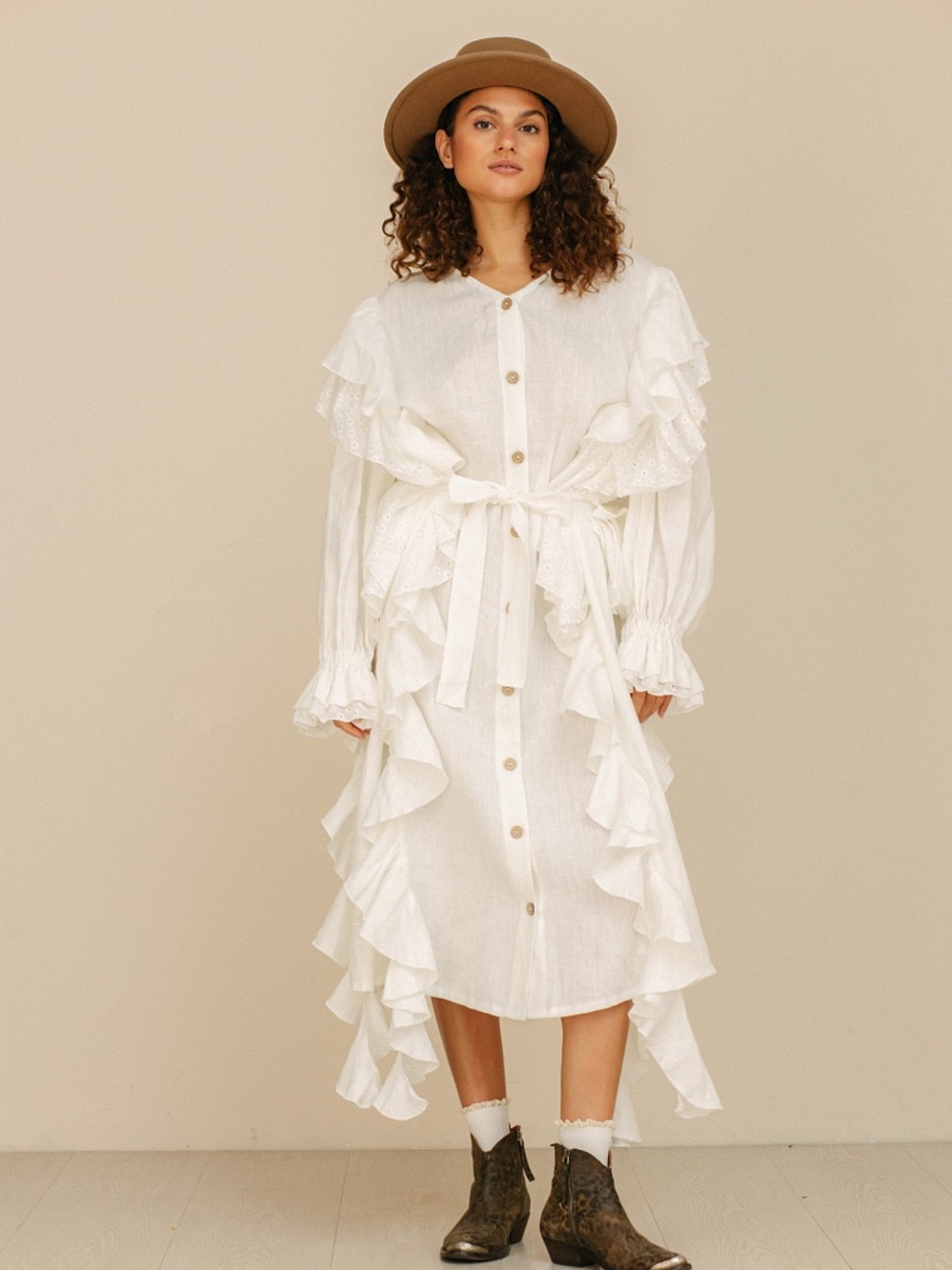 Country Textile Amalfi Handmade White Ruffle-Detail Button-Front Midi Dress